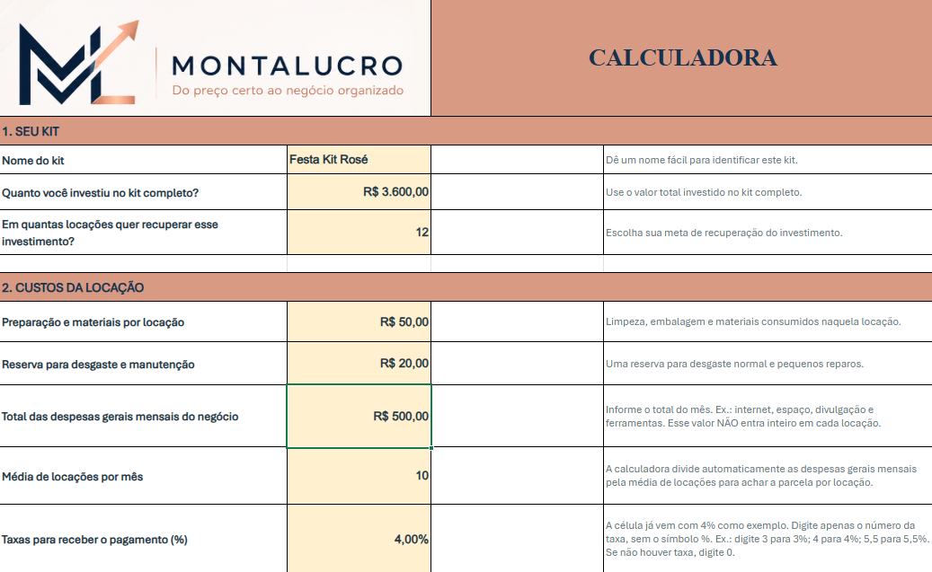 Dados de entrada da Calculadora MontaLucro